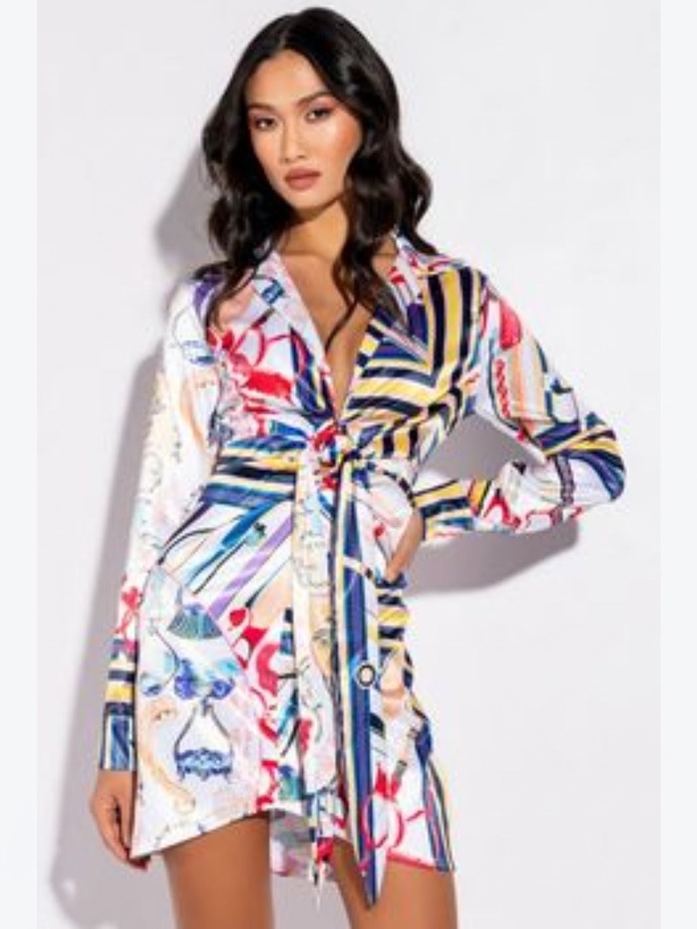 AKIRA Multicolor Abstract Print Mini Dress in White Base
